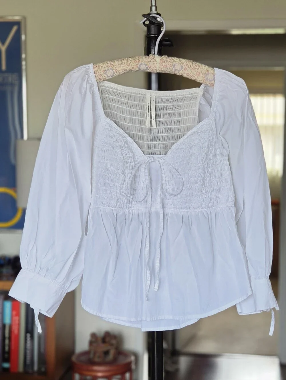 Anthropologie White Smocked Sweetheart Blouse Peasant Top